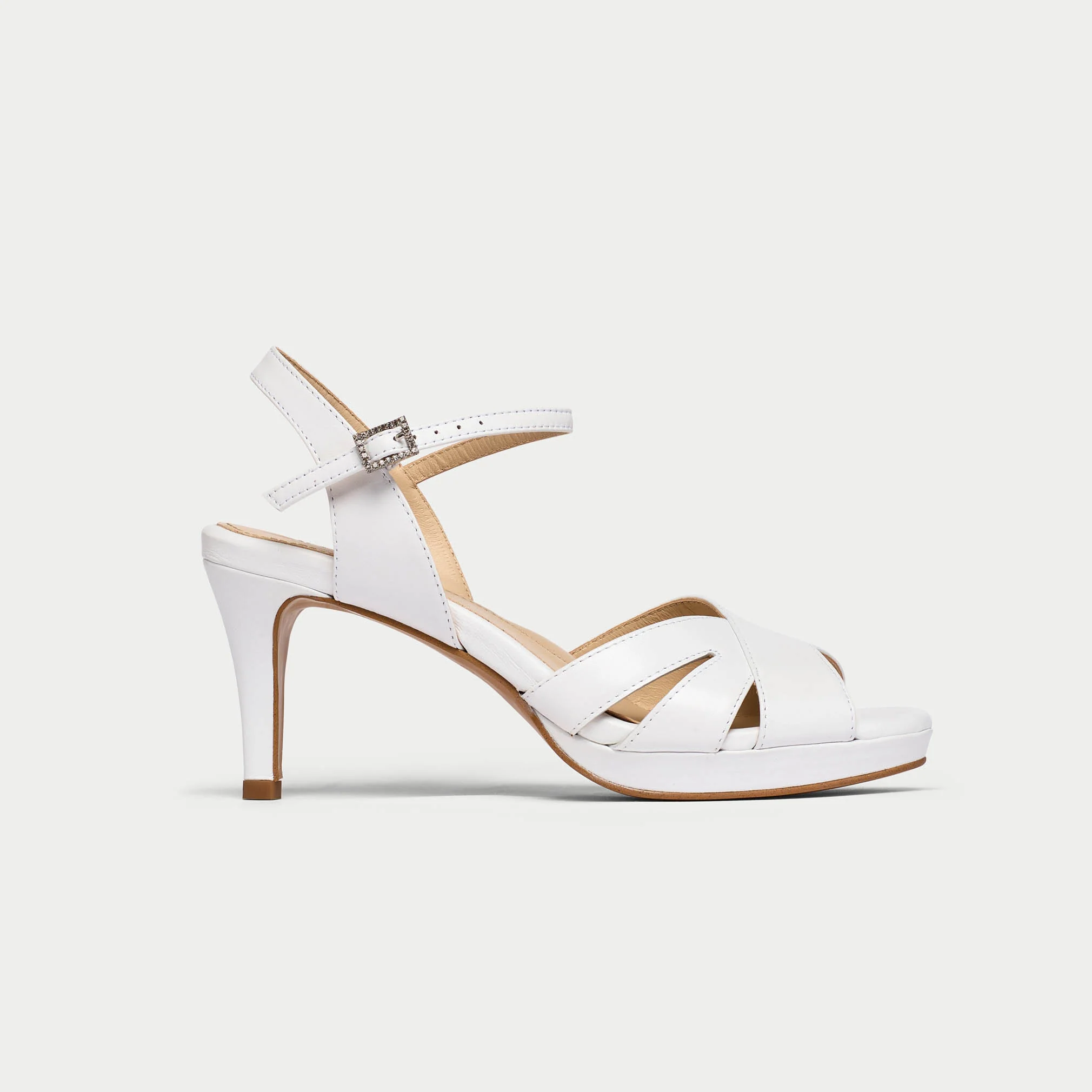 Emily - White Leather Heeled Sandals with Diamante Buckle