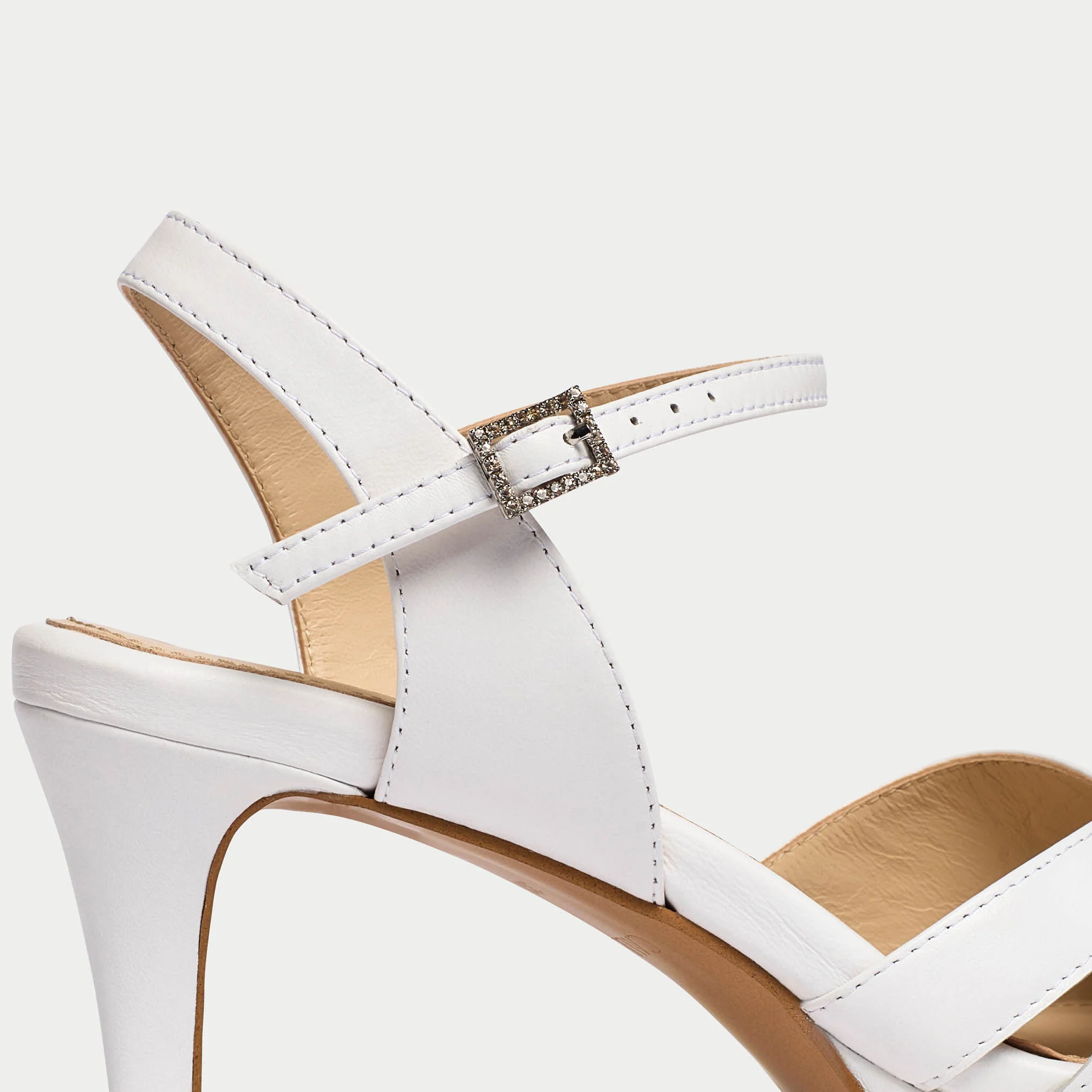 Emily - White Leather Heeled Sandals with Diamante Buckle - Image 4
