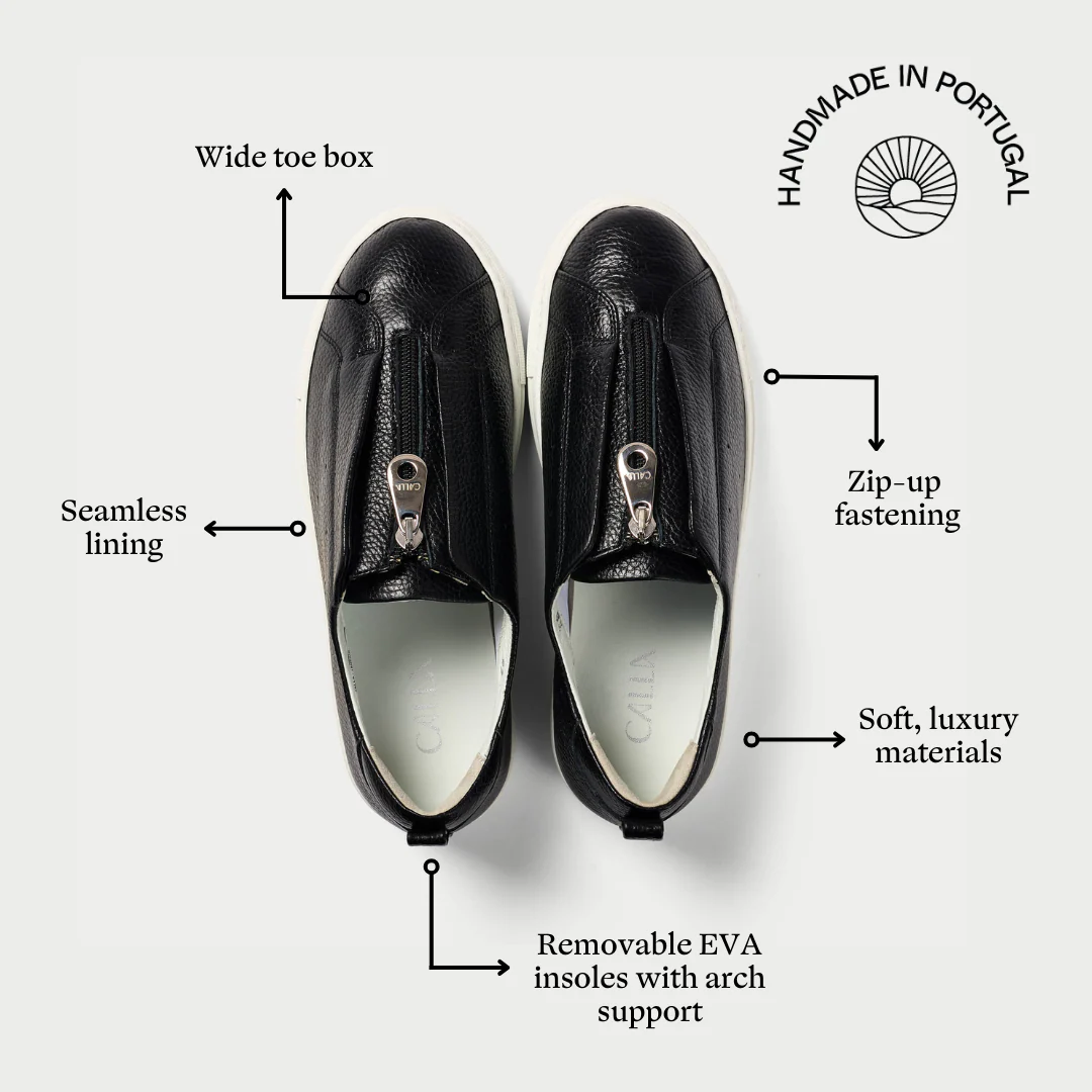 Estella - Black Leather Zip-Up Wide Fit Trainers - Image 6