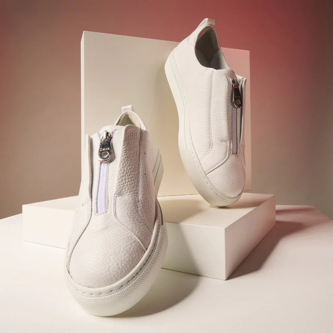 Estella - White Leather Zip-Up Wide Fit Trainers